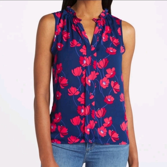 NWT 41 Hawthorn Orlee Sleeveless Ruffle Neck Top Blue/Red Size Petite XS XSP - Picture 1 of 16